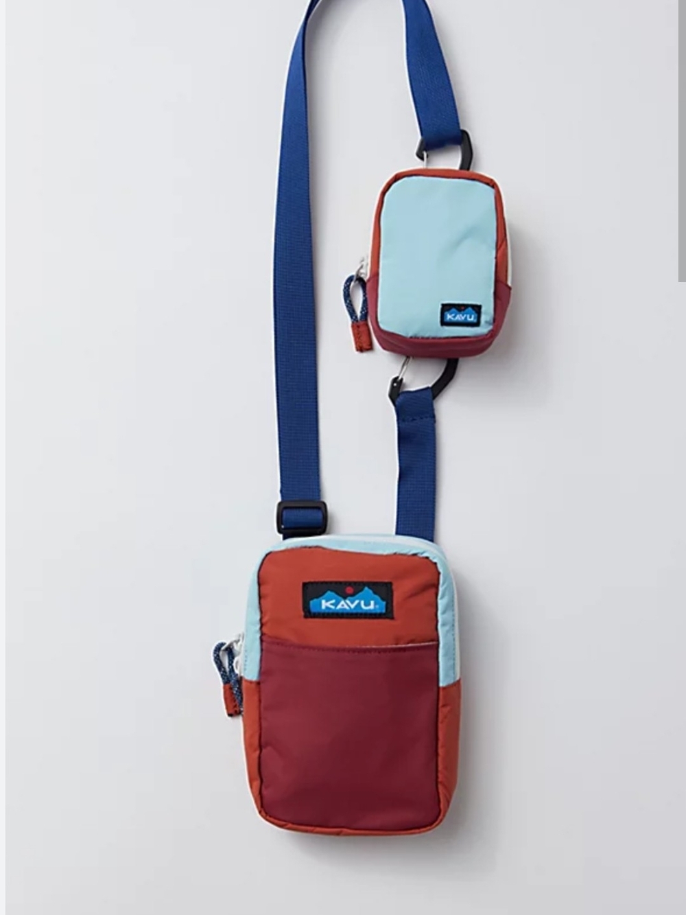 Kavu Yorktown Two-Pouch Crossbody Bag in Light Blue, Rust & Maroon